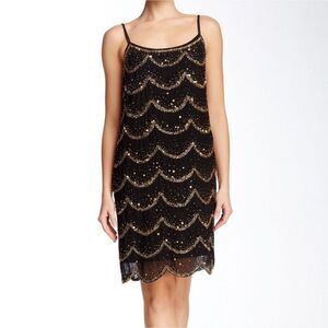 MARINA Black and Gold Scalloped Sequin Dress Size 6
